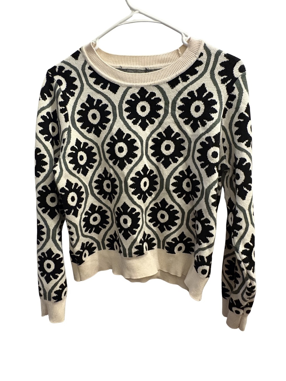 Women's Black and Cream Patterned Knit Sweater